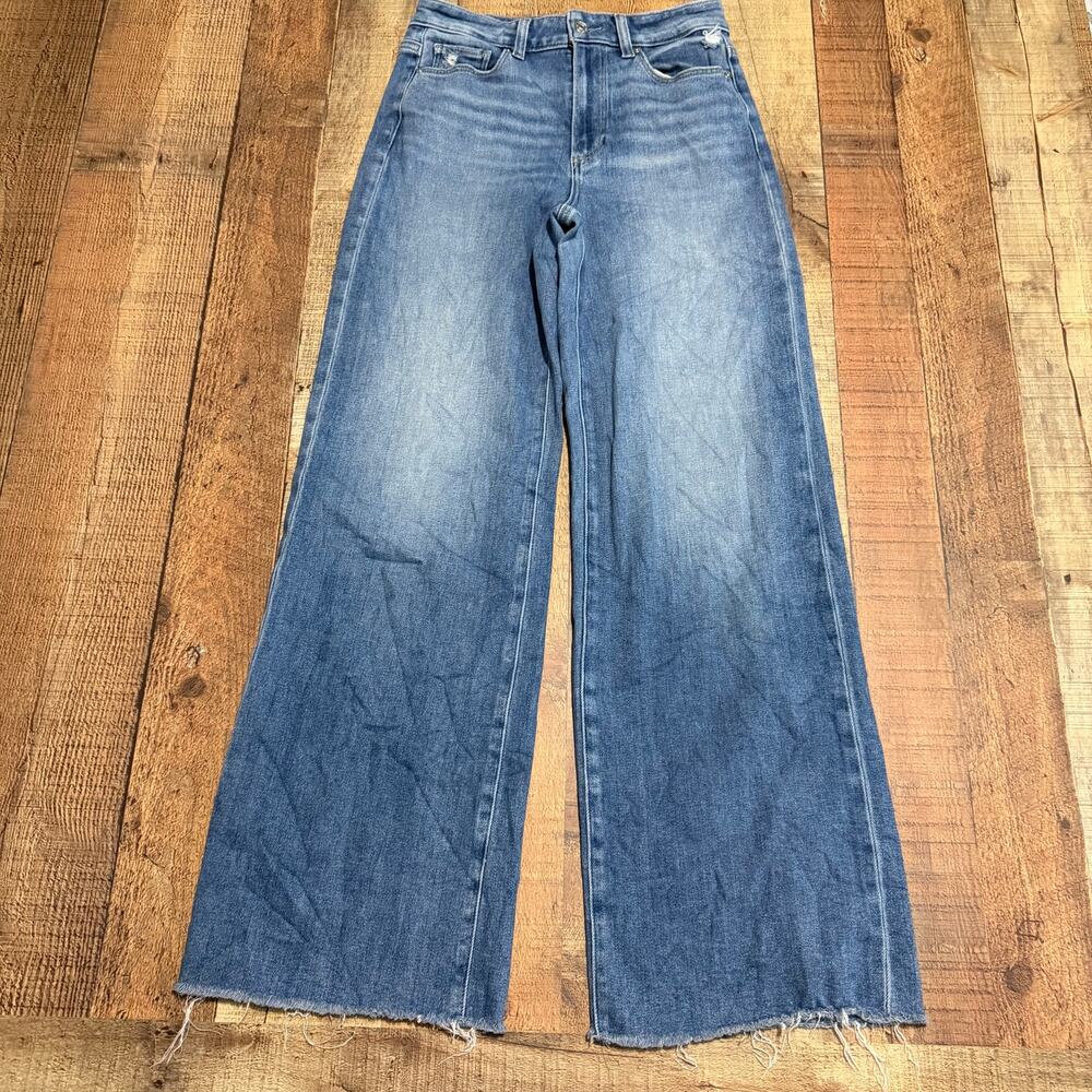 Paige Women's Medium Denim Wide Leg Anessa Jeans Sz 26 Raw Hem No Rips Festival